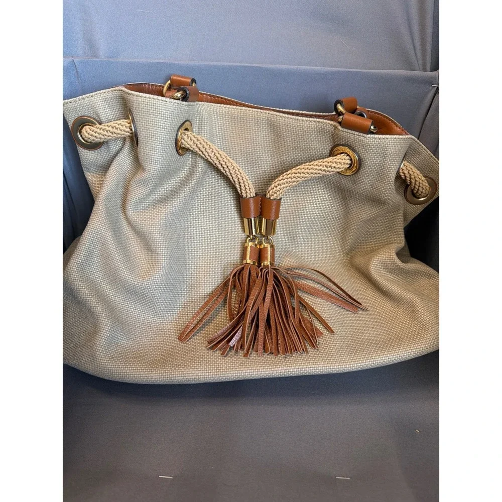 Michael Kors Large Shimmer Canvas Rope Drawstring Tassel Tote Purse
